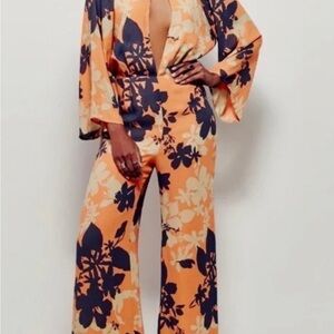 Free People Floral Wide-Leg Jumpsuit in Orange and Chalkcoal Grey -Size 8